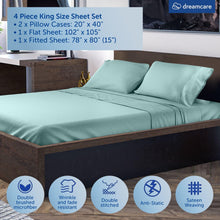 Load image into Gallery viewer, DREAMCARE - Bed Sheets Set - King Size Sheet with Side Pocket - 4pcs Set, 15 inches, Spa Blue