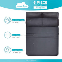 Load image into Gallery viewer, DREAMCARE - Bed Sheets Set - King Size Sheet with Side Pocket - 6pcs Set, 21 inches, Dark Gray