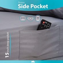 Load image into Gallery viewer, DREAMCARE Queen Bed Sheets Set with Side Pocket - 4pcs Set, 15 inches, Stripe Gray
