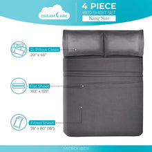 Load image into Gallery viewer, DREAMCARE - Bed Sheets Set - King Size Sheet with Side Pocket - 4pcs Set, 15 inches, Gray
